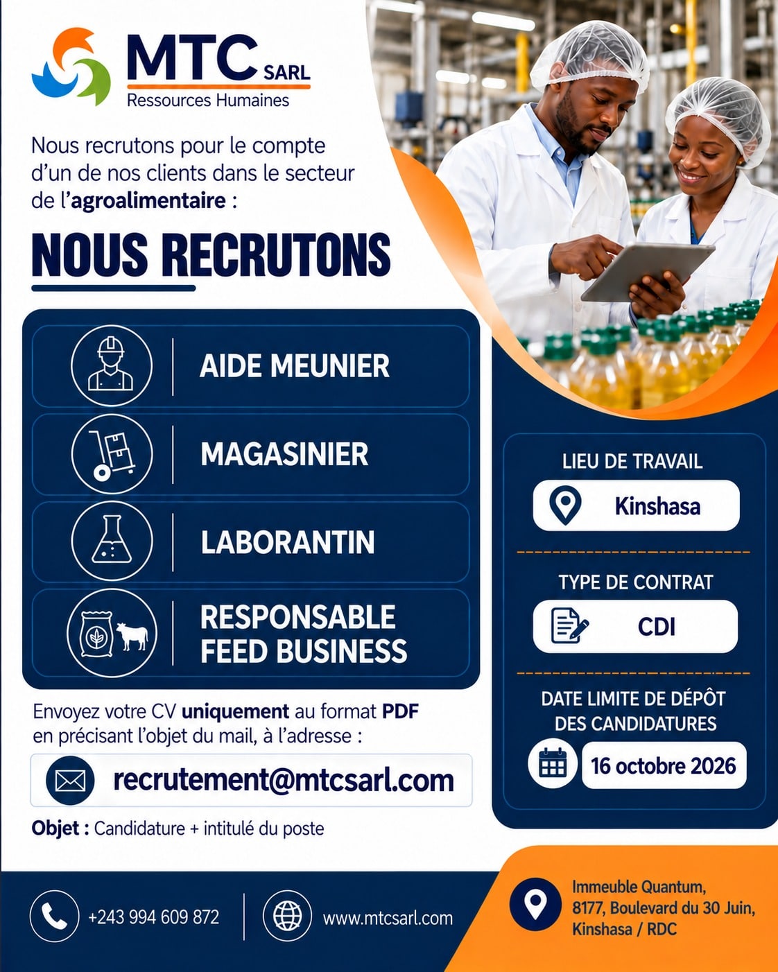 Illustration de avis de recrutement pour le poste de Aide Meunier, Magasinier, Responsable Feed Business