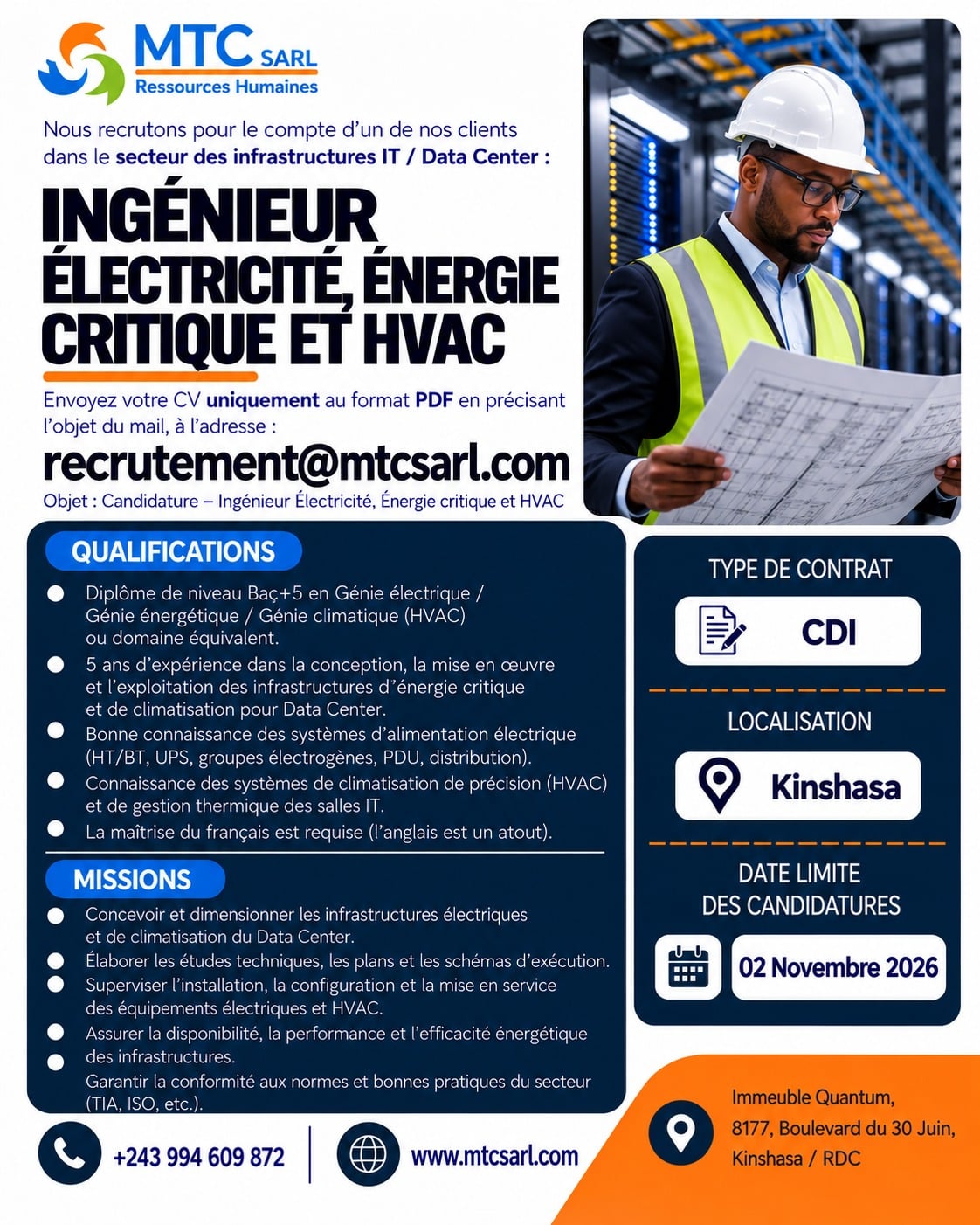Illustration de AVIS DE RECRUTEMENT POUR LE POSTE D’INGÉNIEUR ÉLECTRICITÉ, ÉNERGIE CRITIQUE ET HVA